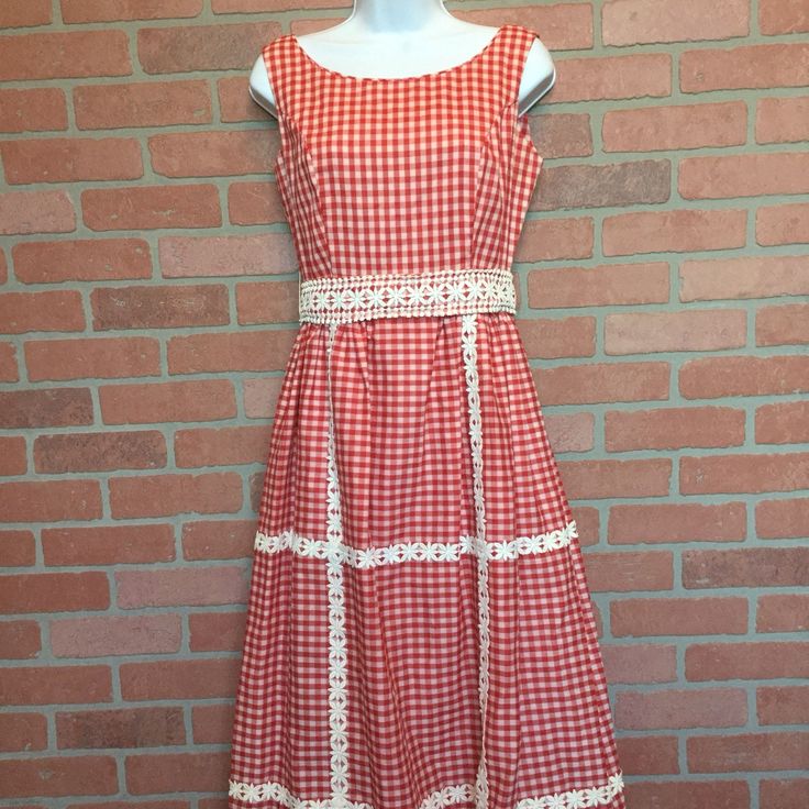 "What a wonderful find! This beauty is very unique and in great vintage condition! Gorgeous appliqué detail. Lined. Approx flat measurements 17 1/2\" armpit to armpit, 13\" across waist, 51\" shoulder to bottom with around 5 extra inches that could be let out." Vintage Gingham Dress For Spring, Gingham Vintage Dress For Spring, Spring Vintage Gingham Dress, 1950s Plaid Spring Dresses, Red 1950s Spring Dresses, Vintage Lined Plaid Dress, Vintage Plaid Sleeveless Dress, Vintage Plaid Dress For Garden Party, 60s Dress