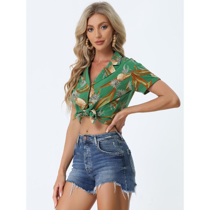 A great shirt to be paired with shorts or jeans. Enjoy the summer with the help of the Hawaiian leaf-printed shirt. Lend a touch of charm to your new season wardrobe with this shirt. Whether on carnivals, festivals, vacations, on the beach, or even at a theme party, you will certainly receive many compliments. Suitable for wearing to the beach. Trendy Green Printed Shirt, Green Short Tops For Day Out, Short Green Tops For Day Out, Spring Short Tops With Button Closure, Short Spring Tops With Button Closure, Green Short-length Tops For Vacation, Green Short Length Tops For Vacation, Casual Short Spring Shirt, Casual Short Shirt For Spring