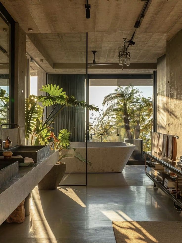 a bathroom with a large bathtub next to a walk in shower