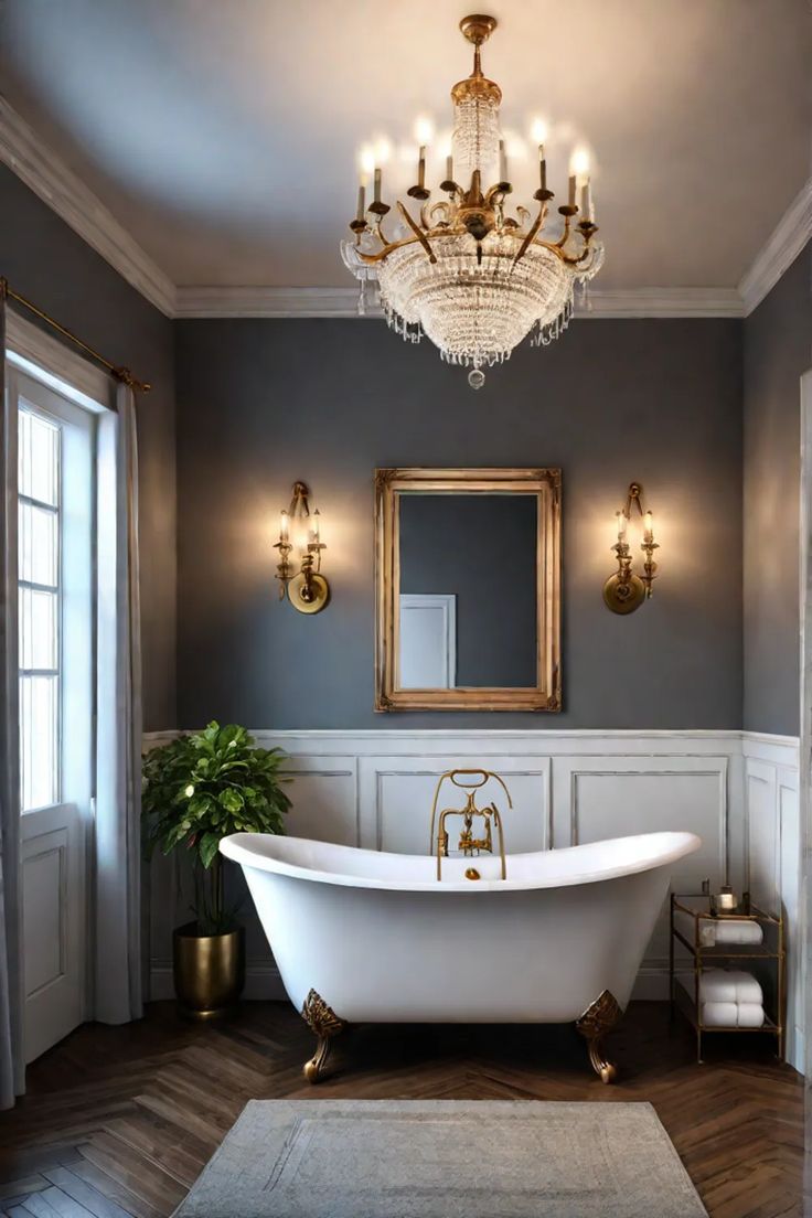 a white bath tub sitting under a chandelier next to a mirror in a bathroom