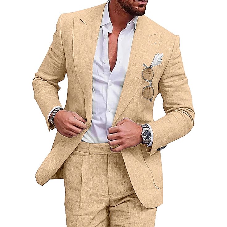 Men's Linen Suits Beach Wedding Summer Suits Solid Colored 2 Piece Tailored Fit One-Button Champagne Beige 2024 2024 - $95.99 Fitted Pantsuit With Button Closure For Semi-formal Occasions, Slim Fit Suits With Lapel Collar For Spring, Slim Fit Suit With Lapel Collar For Spring, Slim Fit Spring Suits With Lapel Collar, Spring Slim Fit Suits With Lapel Collar, Classic Linen Pantsuit For Formal Occasions, Slim Fit Single Breasted Set With Notch Lapel, Fitted Sets With Suit Collar And Pockets, Slim Fit Sets With Pockets And Notch Lapel