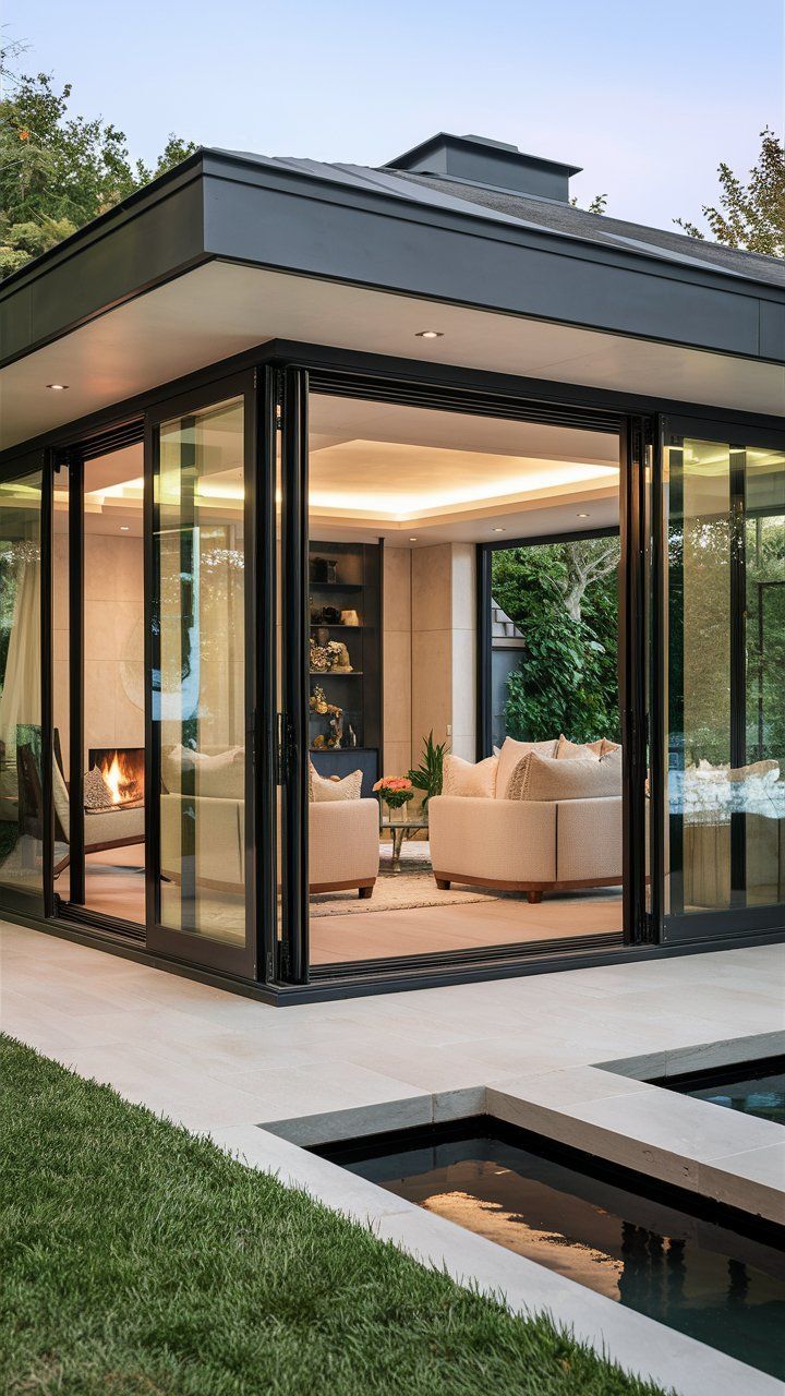 an outdoor living room with glass walls and sliding doors that open up to the backyard