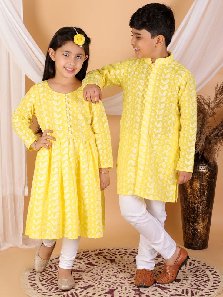 Vastramay Mustard Pure Cotton Chikankari Siblings Set Cotton Sets With Motifs For Eid, Eid Cotton Sets With Motifs, Cotton Sets With Motifs And Long Sleeves, Cotton Sets With Motifs For Diwali, Yellow Long Sleeve Anarkali Set With Chikankari Embroidery, Traditional Mustard Sets For Festive Occasions, Traditional Mustard Color Festive Sets, Traditional Mustard Festive Sets, Traditional Festive Mustard Sets