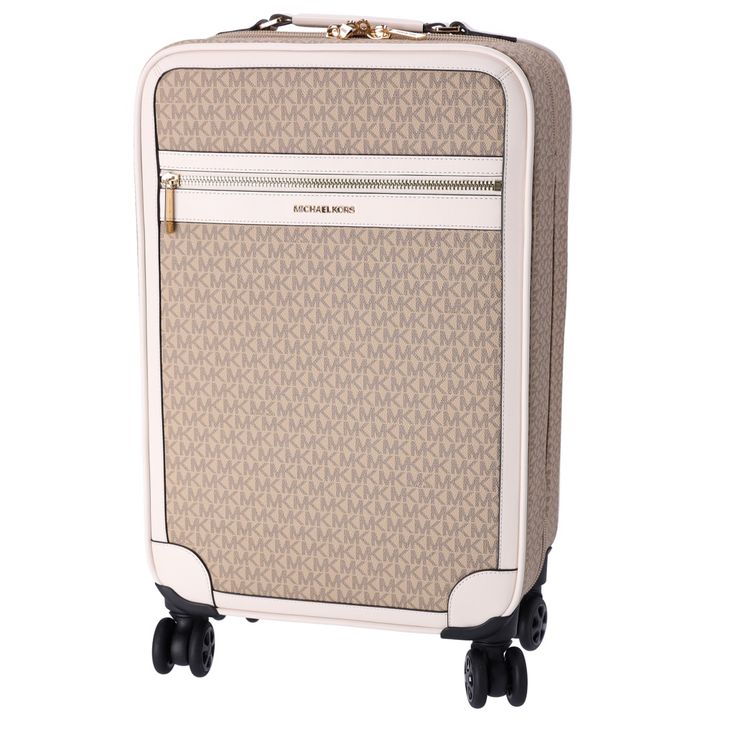 Logo-Print Canvas 69% Coated Canvas/17% Polyester/13% Cotton/1% Polyurethane Trim: 100% Leather Gold-Tone Hardware Measures Approximately: 13"W X 18.5"H X 8"D Handle Drop: 1" Exterior Details: 360-Degree Rotating Wheels Interior Details: 2 Back Zip Pockets, 2 Front Zip Pockets, Clip-In Panel Elegant Business Luggage With Leather Trim, Elegant Leather Trim Luggage For Business Trips, Elegant Luggage With Leather Trim For Business Trips, Elegant Leather-trim Luggage For Business Trips, Luxury Coated Canvas Luggage With Sleeve, Rectangular Coated Canvas Luggage For Business Trips, Classic Coated Canvas Luggage With Sleeve, Luxury Michael Kors Bags With Leather Trim, Luxury White Luggage For Everyday Use