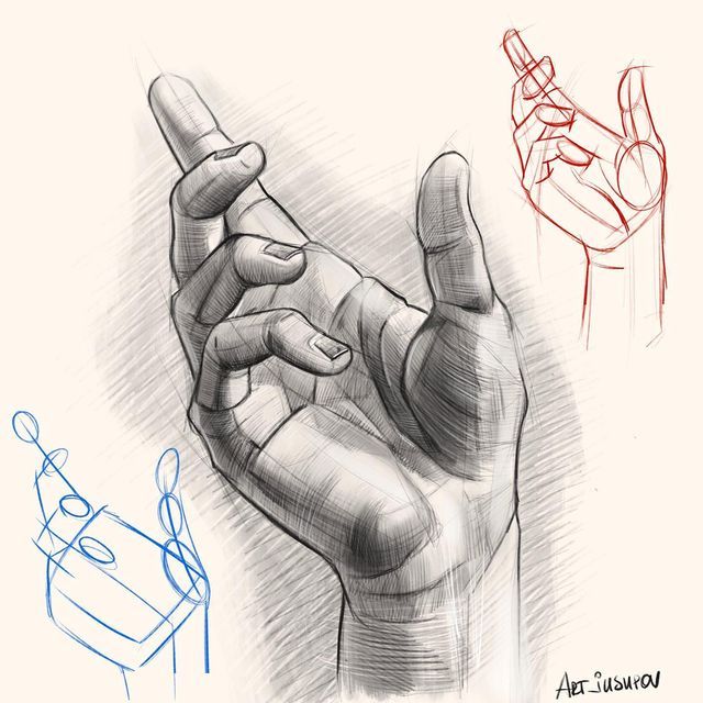 a drawing of a hand holding an object in it's right hand, and another drawing of the left hand