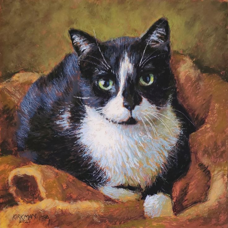 a painting of a black and white cat with green eyes sitting on a brown blanket