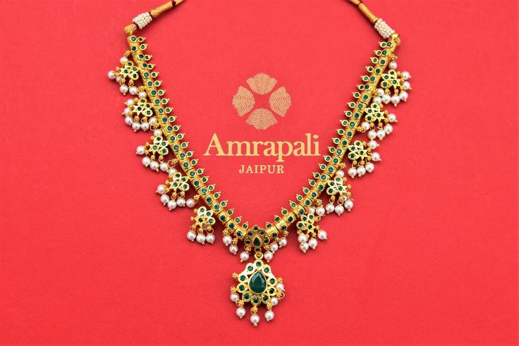 Shop traditional gold plated green stone necklace online in USA with pearls. Shop gold plated jewelry, silver jewelry,  silver earrings, bridal jewelry, fashion jewelry from Amrapali from Pure Elegance Indian clothing store in USA.-full view Traditional Yellow Gold Necklace With Polished Beads, Traditional Green Necklace With Stone Setting, Traditional Green Gemstone Necklace, Traditional Green Jewelry With Pearl Pendant, Traditional Green Hand-strung Necklace, Amrapali Jewellery, Green Stone Necklace, Bangle Ring, Fashion Journals