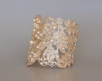 Rose gold lace cuff bracelet pearl by KathleenBarryJewelry Bridal Cuff Bracelet, Lace Cuff Bracelet, Rose Gold Lace, Bridal Cuff, Wedding Cuff, Bracelet Pearl, Lace Cuffs, Pearl Crystal, Gold Lace