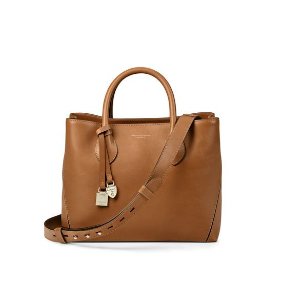 Midi London Tote in Smooth Tan | Aspinal of London Designer Everyday Satchel, Classic Shoulder Bag With Detachable Strap In Saffiano Leather, Classic Saffiano Leather Shoulder Bag With Detachable Strap, Timeless Double Handle Bags, Classic Saffiano Leather Crossbody Shoulder Bag, Classic Everyday Satchel With Detachable Strap, Cognac Textured Leather Satchel With Double Handle, Classic Satchel With Detachable Strap For Everyday, Cognac Epsom Leather Bag With Detachable Strap