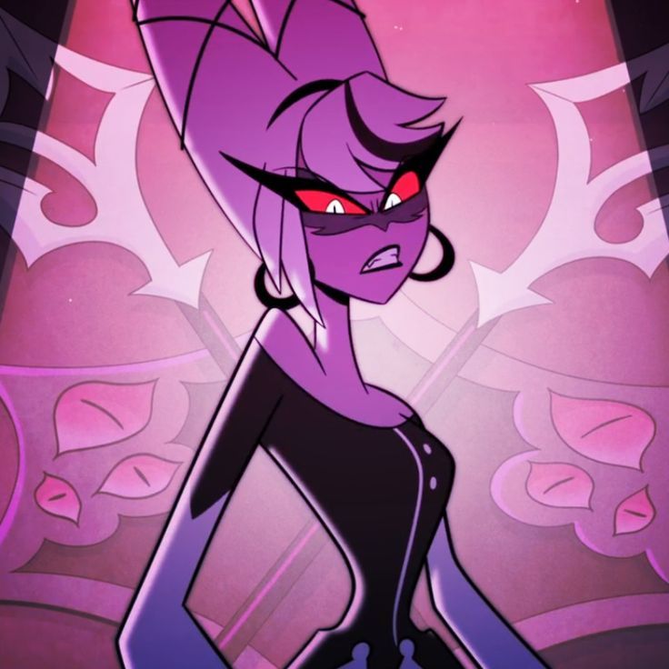 an animated character with red eyes and purple hair, standing in front of a pink background