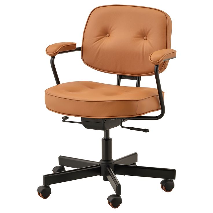 an office chair with wheels and a tan leather upholstered seat, viewed from the front