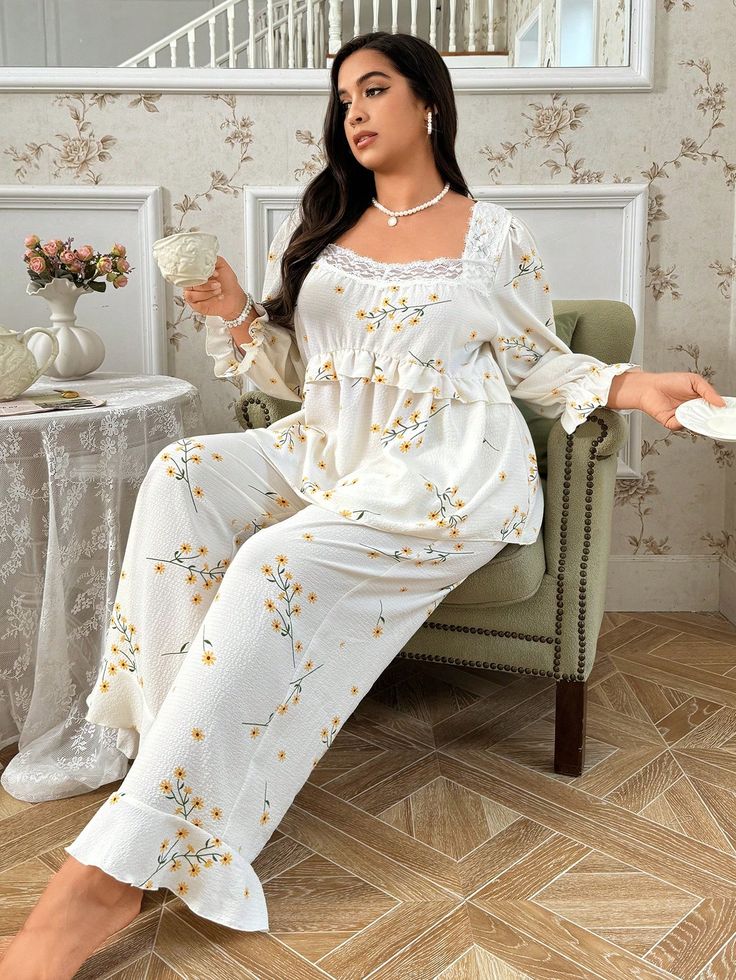 Plus Size Women's Gauze Daisy Print Blouse And Loose Wide Leg Pants French Style Pajamas Set Apricot Cute  Long Sleeve Woven Fabric Plants Pant Sets Non-Stretch All,Fall/Winter Women Plus Sleep and Lounge, size features are:Bust: ,Length: ,Sleeve Length: Plus Size Pjs Pajamas For Women, Cute Plants, Loose Wide Leg Pants, Plus Size Pajamas, Pant Sets, Daisy Print, Pajamas Set, Lace Ruffle, Short Pajama Set