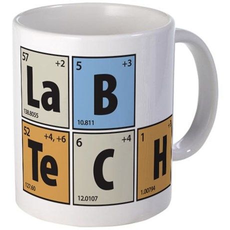 a white coffee mug with the words lab tech on it and an element from the alphabet