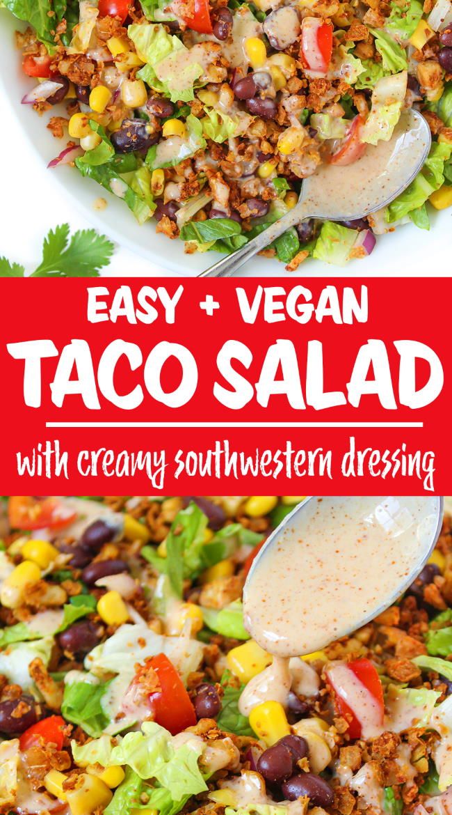 taco salad with creamy southwestern dressing in a white bowl and on a red background