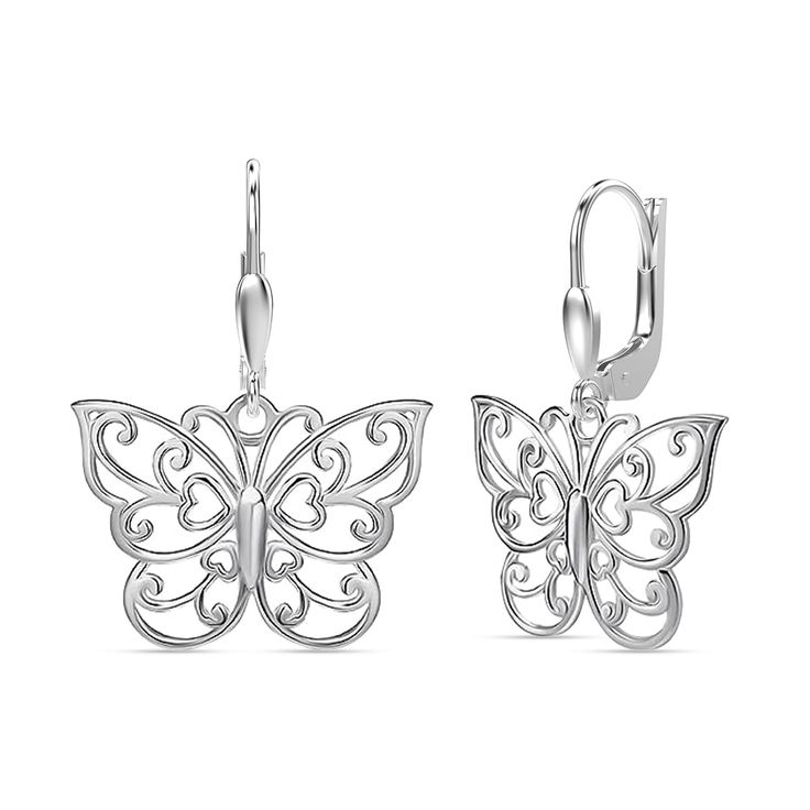 pair of butterfly earrings in white gold with filigrees on the back side