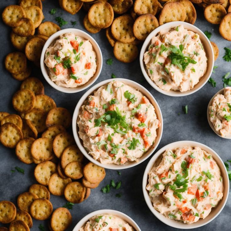 four bowls filled with crab dip surrounded by crackers and chips on a gray surface