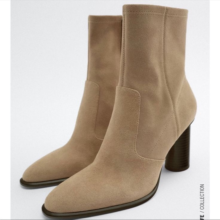 New Zara Suede Heeled Ankle Boots New With Tags Size 6.5 Women Original Price $119 Chic Winter Booties With Reinforced Heel, Casual Boots With Sculpted Heel For Fall, Chic High Heel Suede Mid-calf Boots, Casual Fall Boots With Sculpted Heel, Chic Suede Mid-calf Boots With High Heel, Chic Ankle-high Work Boots, Chic Wide Calf Heels For Fall, Beige Booties For Work In Fall, Beige Fall Booties For Workwear