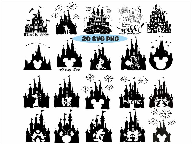 disney castle silhouettes are shown in various styles and sizes, including the top one with mickey