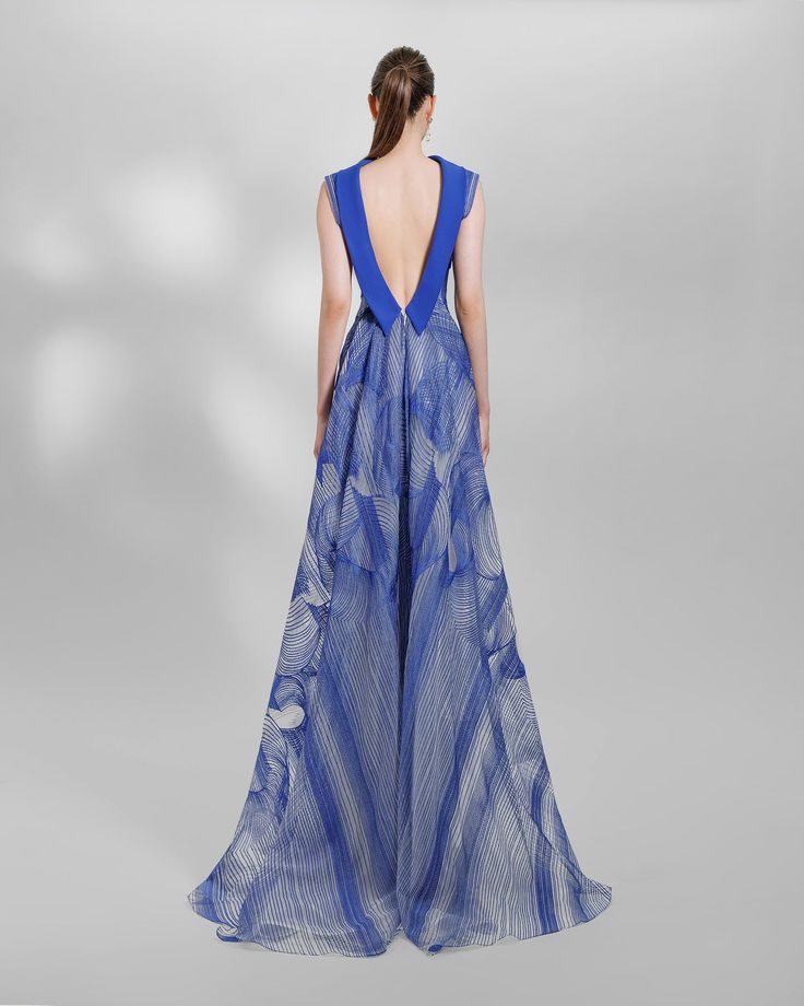 Gemy Maalouf | Evening Dresses | Slim-Cut Embroidered Pattern Dress Elegant Royal Blue A-line Dress, Royal Blue V-neck Formal Gown, Gala Pleated Back Backless Dress, A-line Maxi Dress With Back Opening For Party, Backless Pleated Back Dress For Gala, Blue Evening Gown For Gala, Cocktail Evening Dress With Back Opening, Fitted Evening Dress With Pleated Back For Banquet, Elegant Blue Dress With Pleated Back