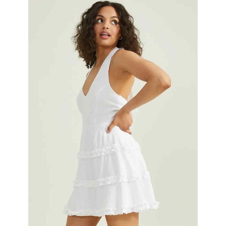 New With Tags! Altar'd State Madarina Mini Dress, Color: White Size Small Fit: Halter Closure: Zipper Material: Self: 55% Rayon, 45% Polyester. Lining: 100% Polyester Adjustable Strap Sleeveless White A-line Mini Dress With Ruffle Hem, Lined Tiered Dress For Brunch, Tiered Lined Dresses For Brunch, White Fit And Flare Mini Dress For Brunch, White Tiered Mini Dress For Day Out, White Fit And Flare Mini Dress With V-neck, White V-neck Fit And Flare Mini Dress, White Fit And Flare Lined Mini Dress, Fitted White Dress With Ruffle Hem