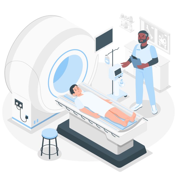 a man laying in a hospital bed next to an mri machine and another person standing near him