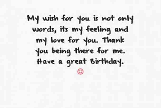 a handwritten birthday card with the words, my wish for you is not only words, tiny feeling and my love for you thank you