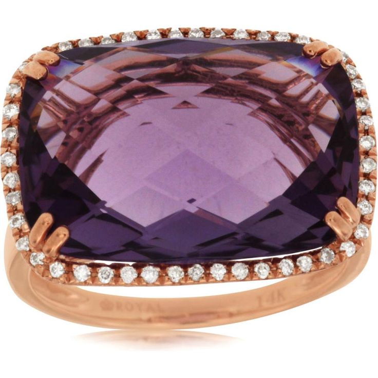 Royal 14K Rose Gold Amethyst & Diamond Ring - 12.20 Carat Total Gem Weight Luxury Rose Gold Amethyst Ring As Gift, Luxury Rose Gold Amethyst Ring, Elegant Purple Diamond Ring With Gemstone Accents, Luxury Rose Gold Amethyst Ring For Anniversary, Formal Rose Gold Amethyst Ring With Gemstone Accents, Luxury Rose Gold Amethyst Ring With Prong Setting, Luxury Lavender Amethyst Ring For Formal Occasions, Formal Rose Gold Amethyst Ring, Luxury Purple Diamond Ring As A Gift