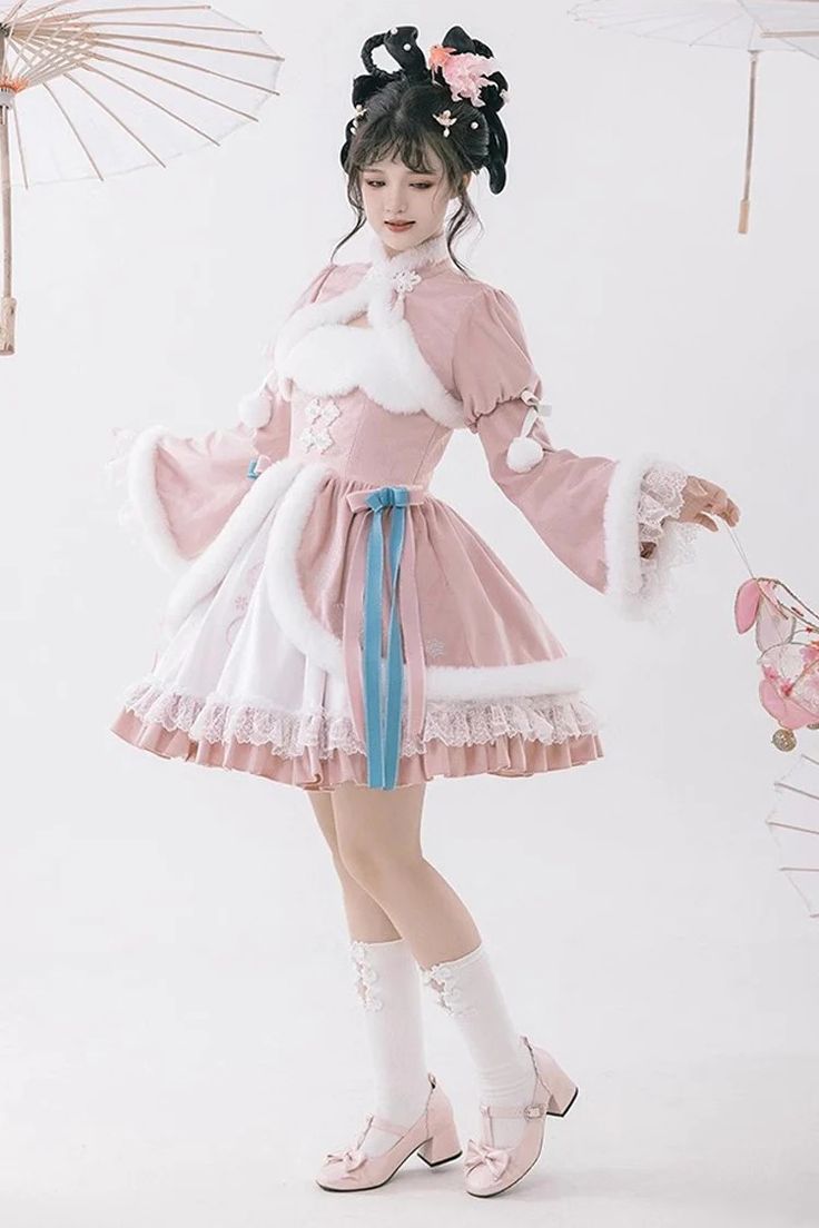 White/Pink Ruffle Cardigan Chinese Style Princess Sweet Lolita Jsk Dress – LolitaInside Chinese Outfit Ideas, Jsk Dress, Cloth Reference, Harajuku Dress, Japanese Fashion Harajuku, Ruffle Cardigan, Clothing Projects, Japanese Geisha, Cardigan Style