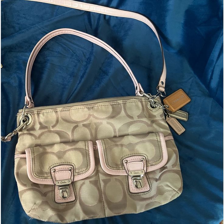 Women’s Coach, Rare Vintage, Handbag, Tan, And Pink In Like New Condition In&Out No Rips, No Tears No Snags With Three Coach, Emblems And Shoulder Strap Camo Purse, Tan Handbags, Vintage Coach Bags, Vintage Handbag, Thrift Stores, Coach Purse, Vintage Coach, Vintage Handbags, Coach Purses