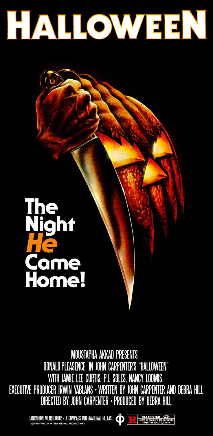 a movie poster for halloween starring the night he came home, with an image of a pumpkin holding a knife