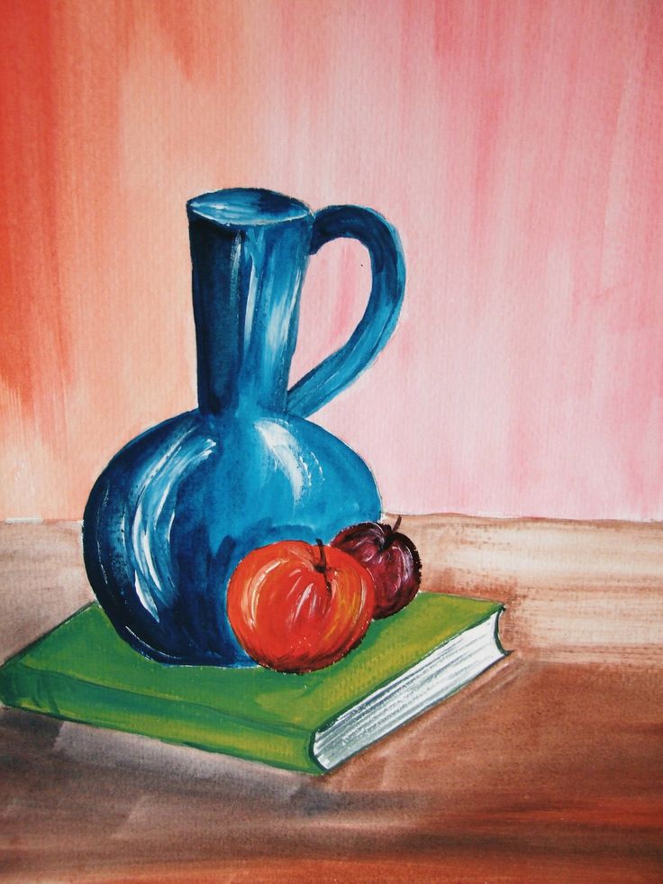 a painting of a blue pitcher and two tomatoes on a green book with a red background