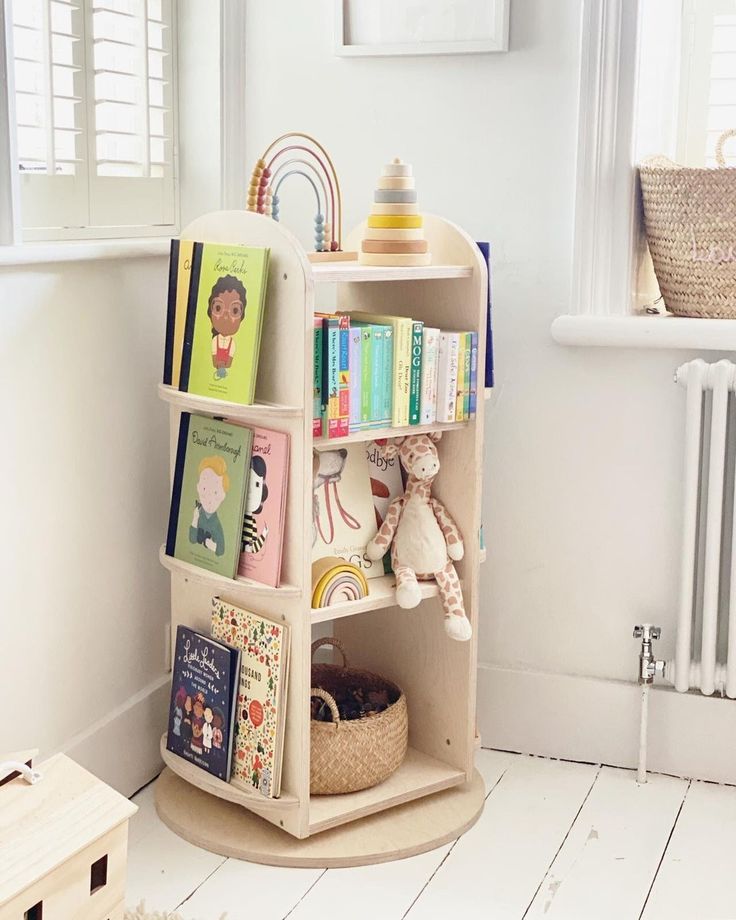 a bookshelf in the corner of a child's room