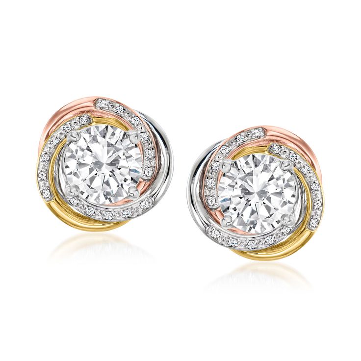 Ross-Simons - .10ct t. w. Diamond Swirl Earring Jackets in Tri-Colored Silver. An RS exclusive. Give your studs a new image with a pair of iconic earring jackets, twinkling with .10 ct. t. w. diamonds. Jackets accommodate 7-7.5mm round earrings or a 3.00 ct. t. w. set of diamond studs, sold separately. Designed in a mix of sterling silver and 18kt yellow and rose gold over sterling silver. Diamond earring jackets. Diamond birthstones are the perfect gift for April birthdays. Diamond Earring Jackets, April Birthday, Studded Jacket, Diamond Birthstone, Earring Jackets, Swirl Earrings, Diamond Earring, Diamond Stud, Round Earrings