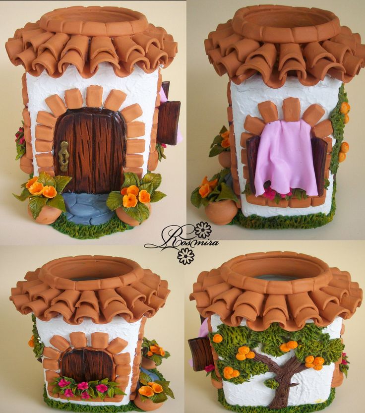 four different views of a house made out of clay with flowers on the outside and inside