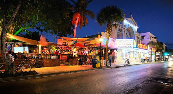 an empty street at night with palm trees in the foreground and shops on both sides