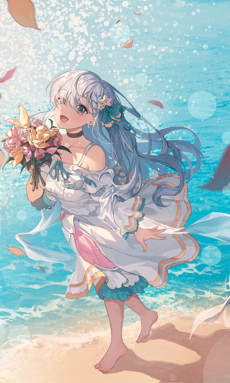 an anime character is standing on the beach with flowers in her hand and looking at the water