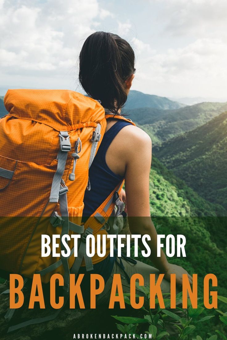 a woman with a backpack is looking at the mountains and hills in the background text reads, 16 very useful backpacking essentials