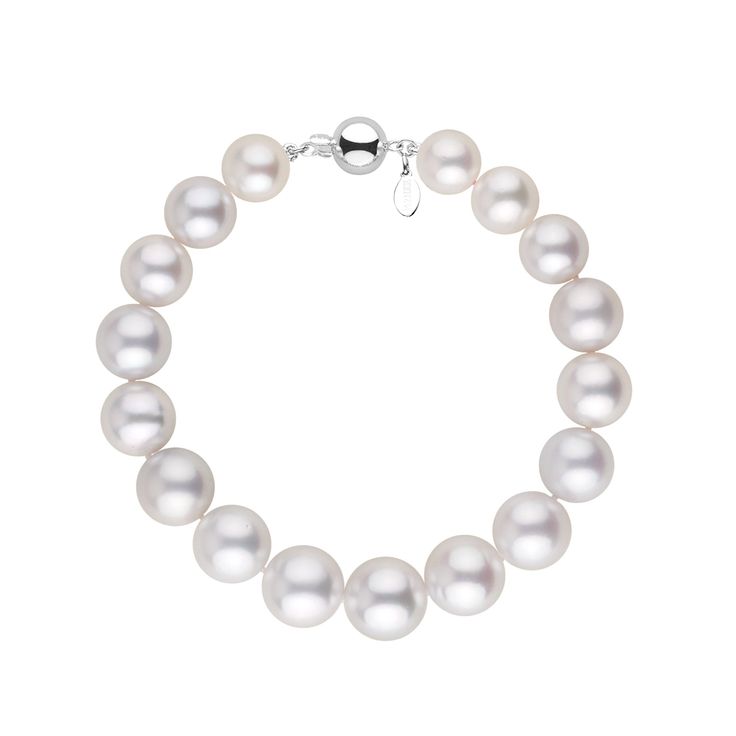 This one-of-a-kind stunning strand is composed of round, rare Australian white South Sea pearls. South Sea pearls are the epitome of luxury and the most valuable pearls produced in the world today. Hand selected and matched from a loose pearl lot, the pearls are a true AAA Gem quality, featuring smooth surfaces and a silky luster with soft silver overtones. South Sea pearls grow in the world's largest pearl producing oyster, which is why they often grow so large. The pearls in this strand range Cheap Classic Silver Pearl Bracelet, Luxury White Gold Beaded Bracelets, Pearl White Single Strand Bracelet With Round Beads, Timeless White Gold Pearl Bracelet, Timeless White Gold Pearl Bracelet For Anniversary, Luxury Pearl Bracelets For Anniversary, Single Strand Akoya Pearl Bracelet In Pearl White, Round Pearl Jewelry With 8mm Beads, Akoya Pearl Bracelet With Round Beads And Pearl Charm