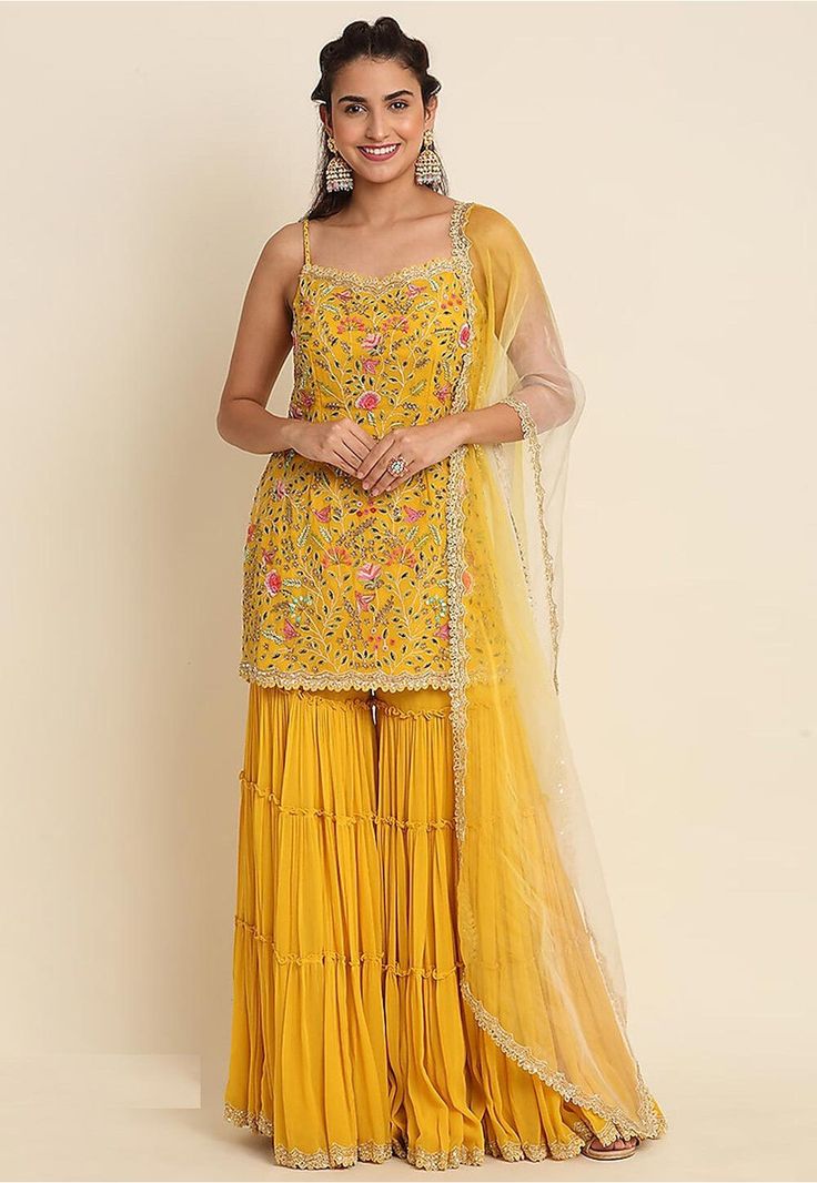 Faux Georgette Pakistani Suit in Yellow This Unstitched attire with Poly Shantoon Lining is Enhanced with Resham, Zari and Sequins Work Available with a Faux Georgette Sharara in Yellow and a Net Dupatta in Yellow Do note: Accessories shown in the image are for presentation purposes only.(Slight variation in actual color vs. image is possible). Yellow Sharara Suits, Yellow Sharara, Sheer Dupatta, Cutdana Work, Haldi Dress, Georgette Kurta, Mehendi Outfit, Sharara Designs, Haldi Outfits