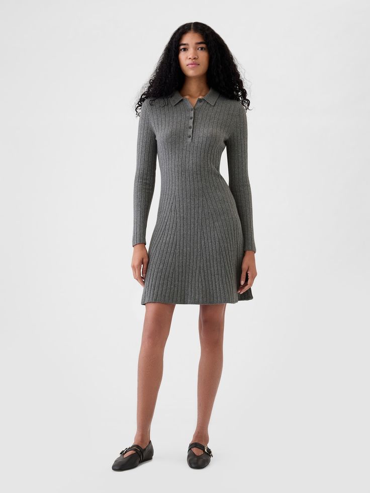 Soft cotton-nylon blend, ribbed-knit sweater mini dress.  Polo collar and button placket.  Long sleeves.  Fit: Stretch-to-Fit.  A fit & flare silhouette that's slim at the body & flares at the waist.  Hits above the knee.  Models wearing Gap Wife Style, Sweater Mini Dress, Mini Sweater, Dress Knit, Dreamy Dress, Work Dress, Gap Dress, Mini Sweater Dress, Ribbed Knit Sweater