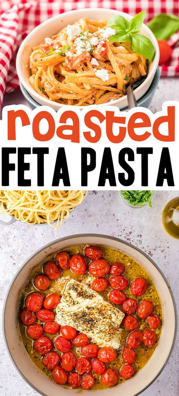 roasted feta pasta in a bowl with tomatoes and basil