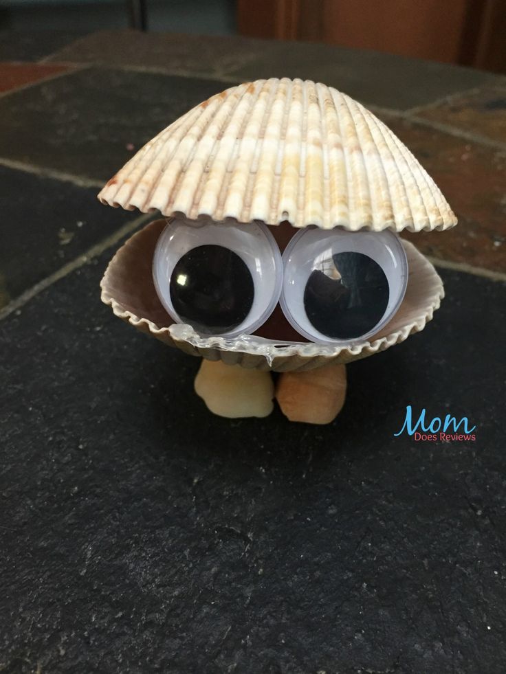 a small toy with big eyes and a shell on the ground