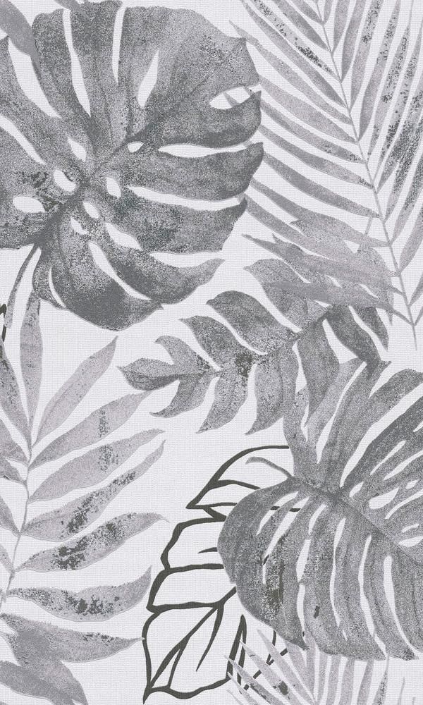 a black and white photo of leaves on a wallpaper design with grey paint strokes