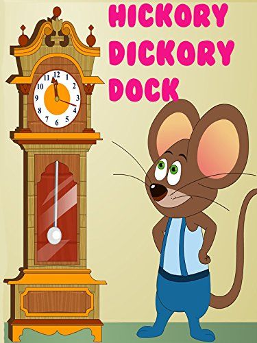 a cartoon mouse standing in front of a clock with the words hickory dickery dock on it