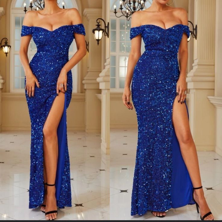 Blue Floor-length Evening Dress For Gala, Blue Off-shoulder Gown For Prom, Blue Evening Dress For Gala, Floor-length Sequin Cocktail Dress, Blue Maxi Dress For Party During Prom Season, Blue Sequined Evening Dress For Gala, Glamorous Blue Gown For Evening, Glamorous Blue Evening Gown, Glamorous Blue Floor-length Gown