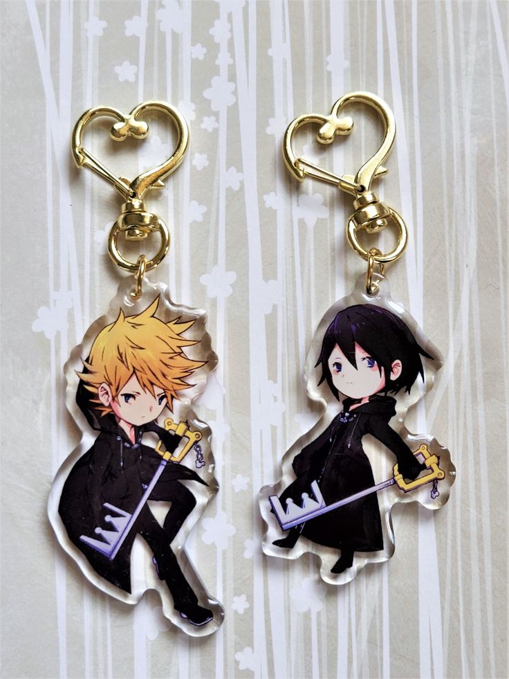 Roxas and Xion from Kingdom Hearts II.  Features:  >Single-sided epoxy >Comes with gold heart clasp >Double-sided (different expressions on each character) >Protective layer on the back, scratch to peel off Please check the condition of the charm before plucking off the protective layer. Orders cannot be refunded after the protective layer has been peeled off Roxas And Xion, Keyblade Design, Xion Kingdom Hearts, Acrylic Standee, Rune Factory 4, Different Expressions, Kingdom Hearts Ii, Rune Factory, Kingdom Heart