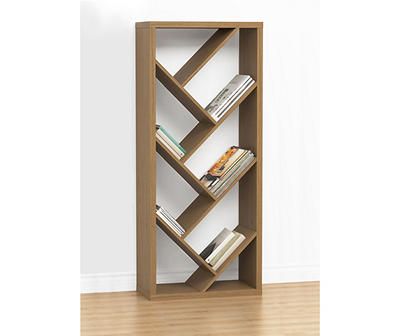 a book shelf with books on top of it in an empty room next to a white wall