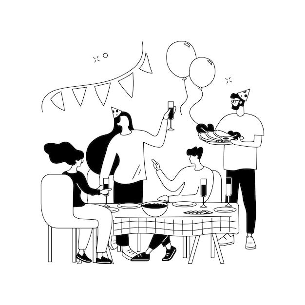 black and white drawing of people at a table with balloons