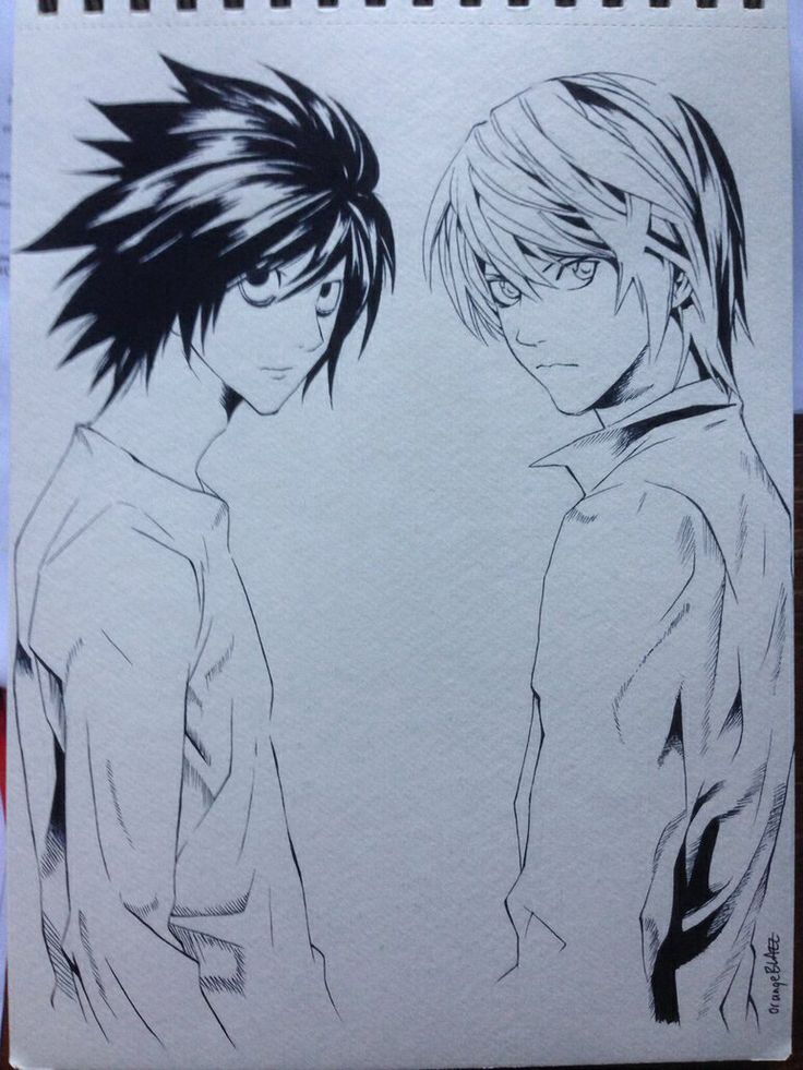 a drawing of two people with black hair