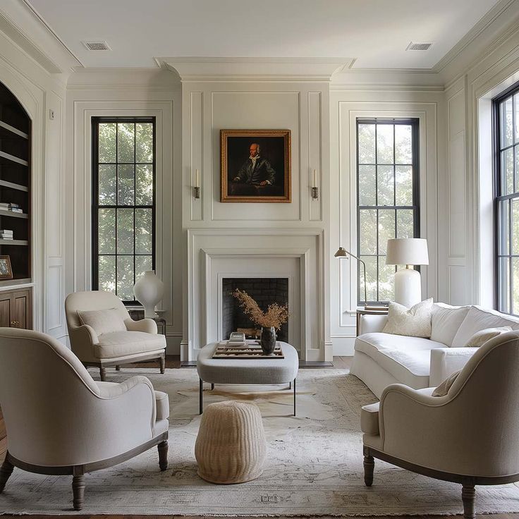 a living room filled with furniture and a fire place in front of two large windows